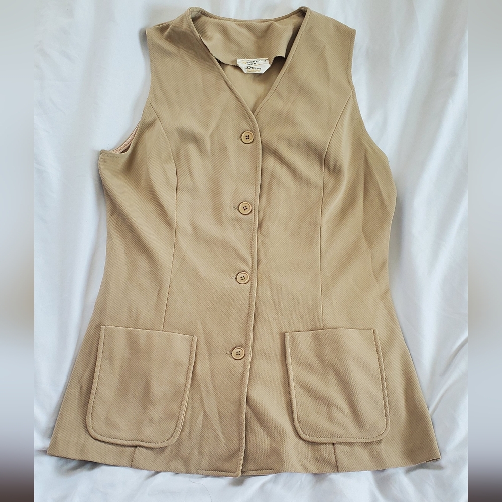 JC Penney Vtg 1970's Tan Button-Up Sleeveless Vest Tunic Blazer, Women's Sz 14